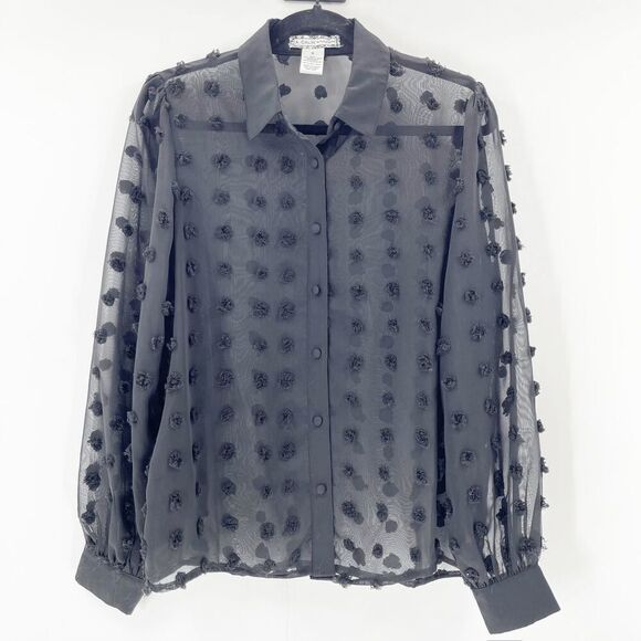 Anthropologie Tops - Anthropologie Flying Tomato Sheer Pom Pom Button Down Shirt Womens Size S Black
